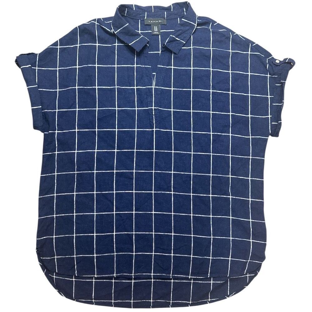 TAHARI Windowpane Linen Blouse Navy White Plaid Short Tab Sleeves Size: 1X